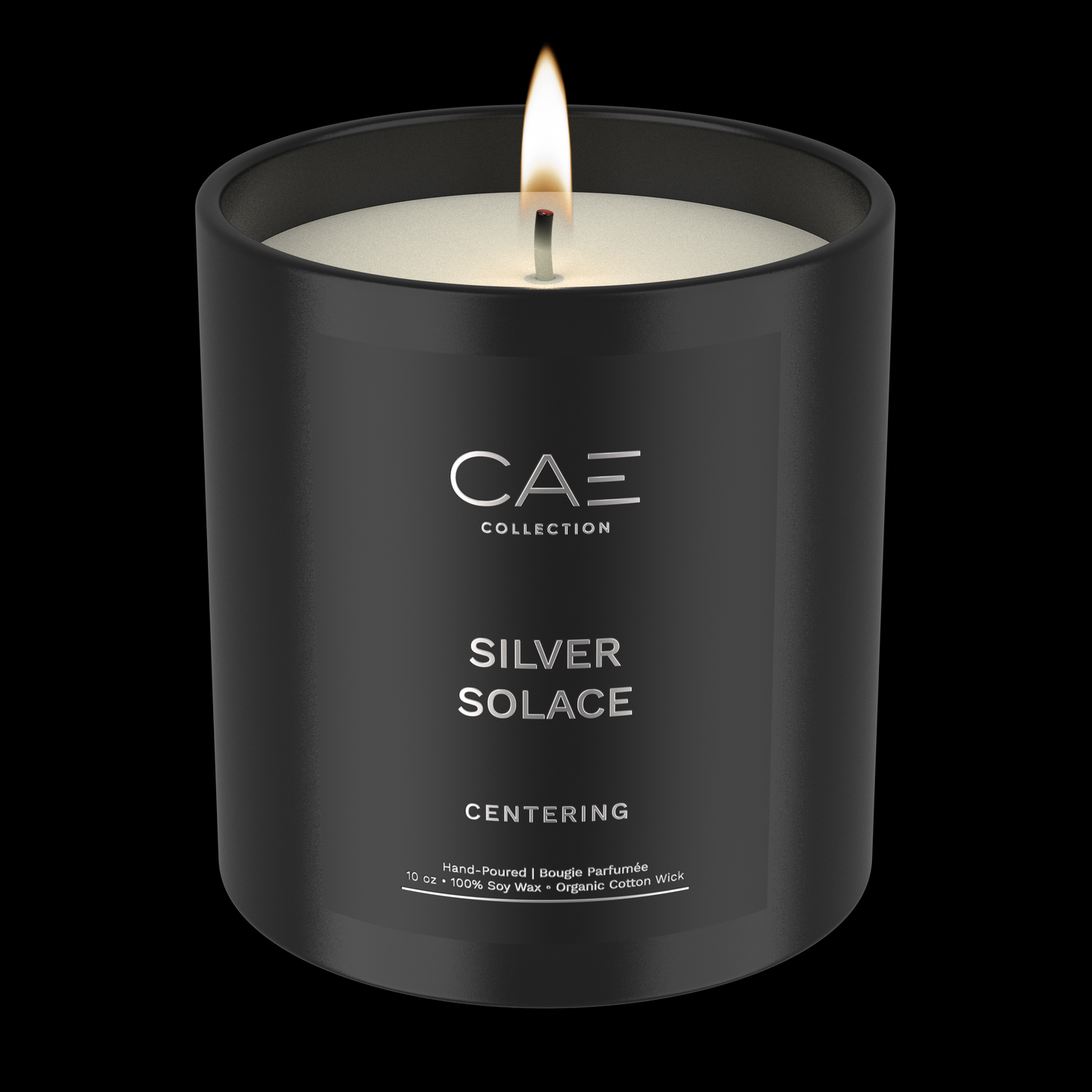 Silver Solace on label in silver font on lit candle in black vessel