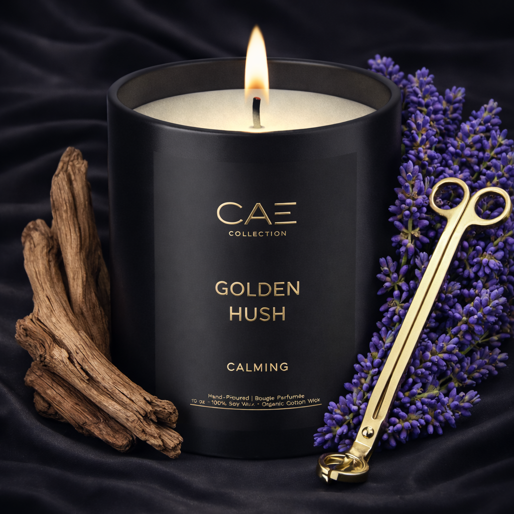 Black candle with 'Golden Hush' branding, surrounded by lavender and driftwood with a gold candle trimmer on a dark background.