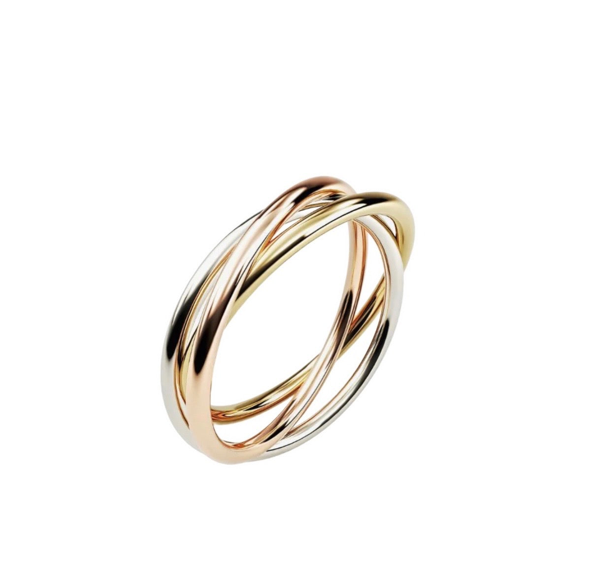 Tri-color ring with three loops - gold, silver, and rose gold