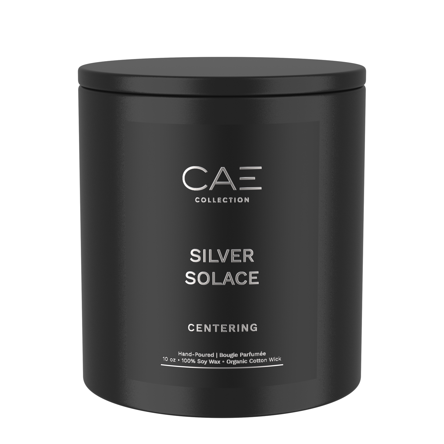 Silver Solace on label in silver font on candle with lid in black vessel