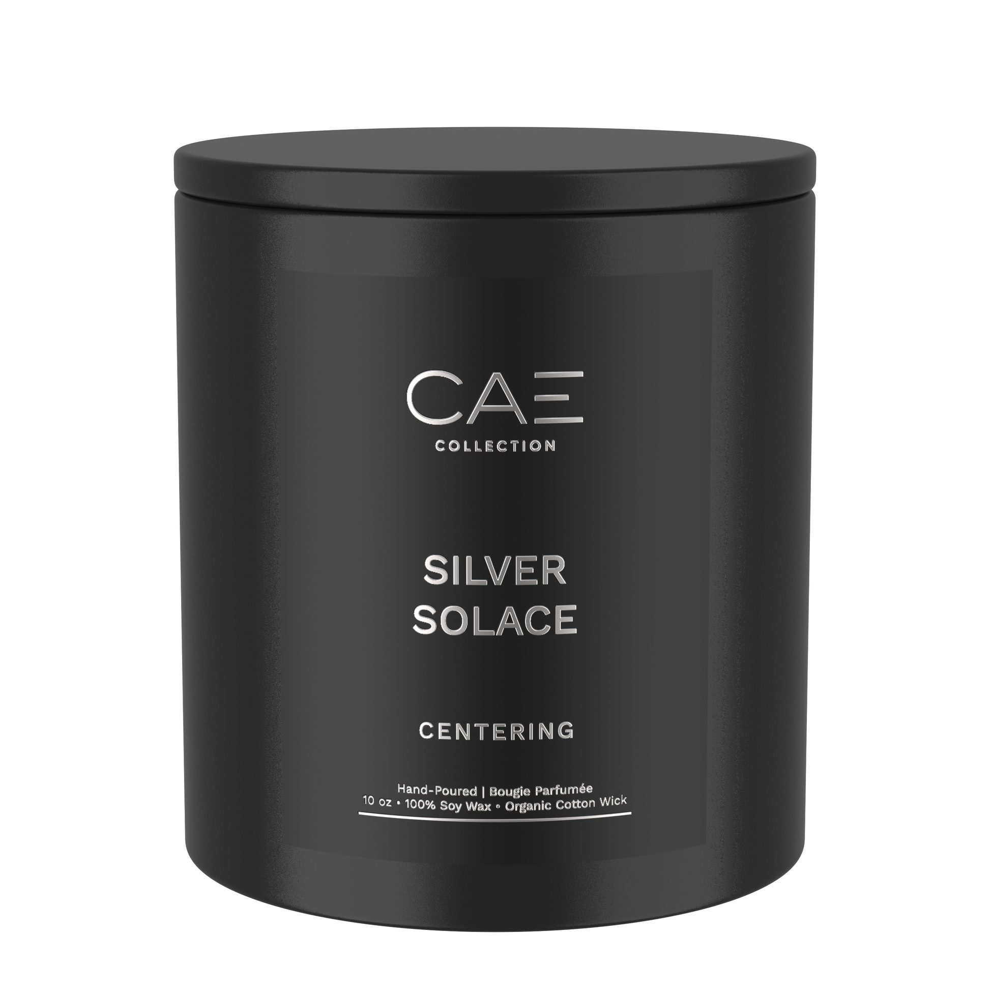 Silver Solace on label in silver font on candle with lid in black vessel